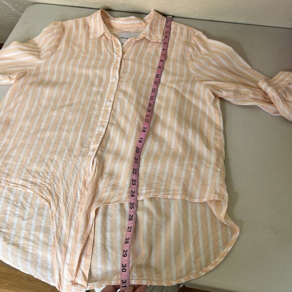 3/$30 Lola River Shirt Size Large Orange White Striped Tie Front Tencel Linen - Picture 6 of 11